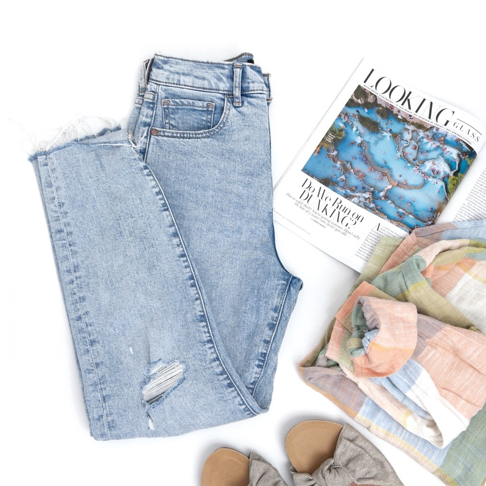 Express Light Blue Ankle & Cropped super high rise mom Jeans